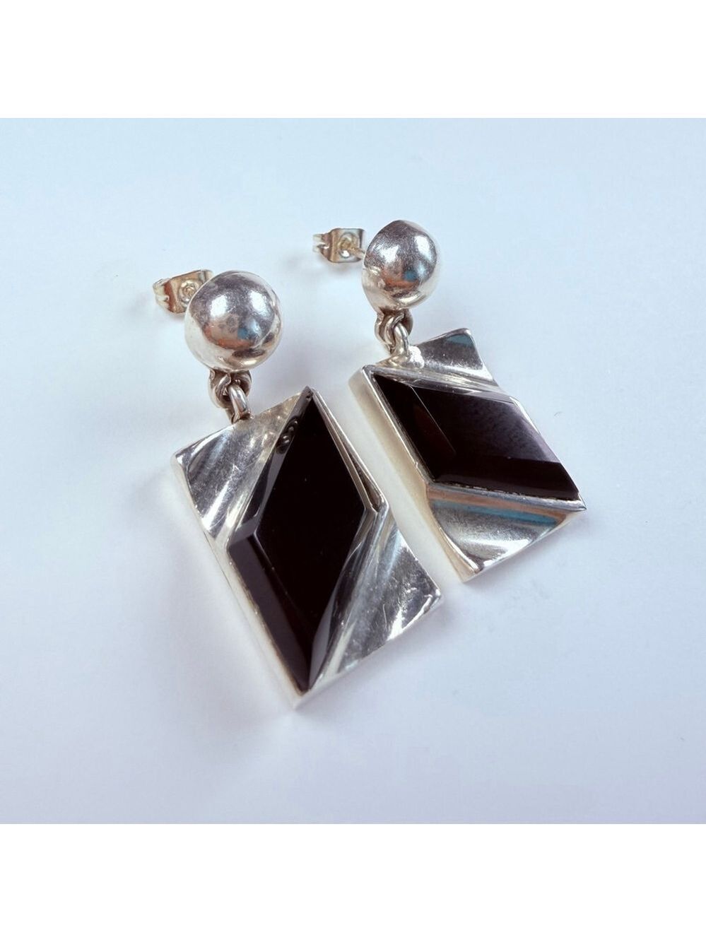Modernist Taxco Black Jet Onyx Sterling Silver 950 VTG Rectangle Earrings Mexico - Picture 2 of 5